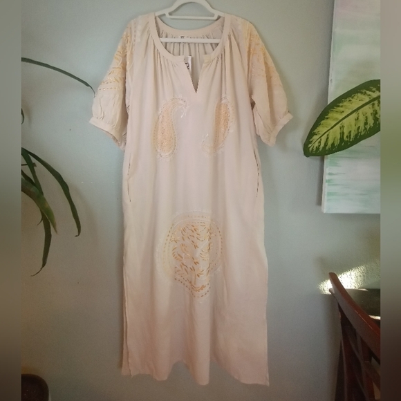 Rhea Handmade Cotton Silk Embroidered Floral Puffed Sleeve Bohemian Casual Midi - Picture 4 of 13